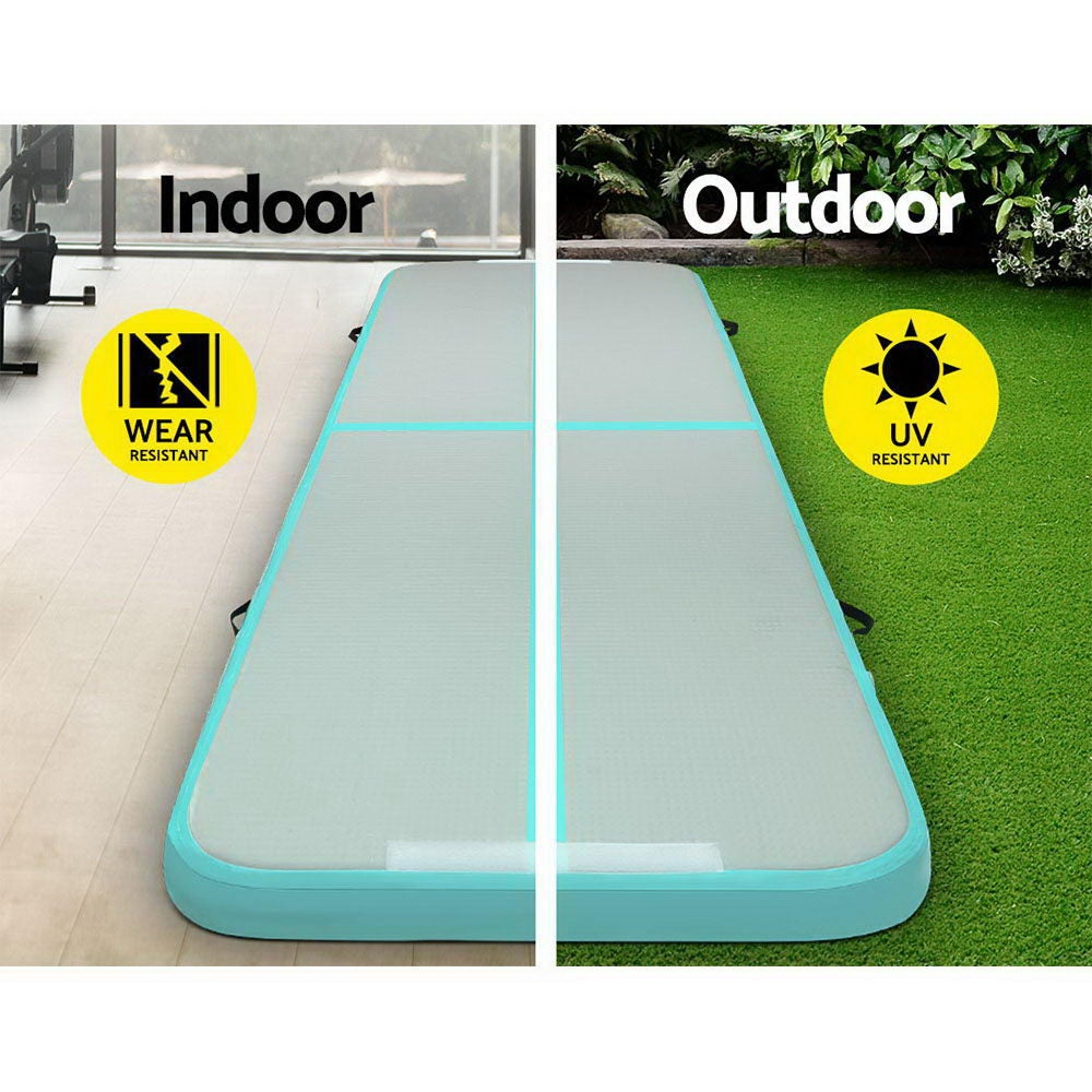 Everfit GoFun 3X1M Inflatable Air Track Mat with Electric Pump, showcasing its durable fabric and vibrant mint and grey colors.
